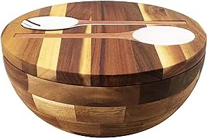 Acacia Wooden Salad Bowl With Lid and Utensils, Large Serving Wood Bowl Set for Fruits, Salads and Vegetables,Wooden Mixing Bowl, Acacia Lid, Bamboo Fiber Spoon and Tongs, 4 - Piece, 10"D x 4"H
