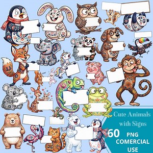 Animals Holding Signs Clipart PNG Bundle, Folk Art Decoration Images, Cute Creatures Blank Signs, Commercial Use, Digital Download Instant - Etsy UK