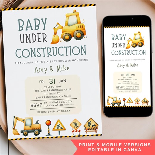 Construction Baby Shower Invite Editable, Excavator Invitation, Baby Under Construction Vehicle Dump Truck Mobile Phone Text Invite Template - Etsy