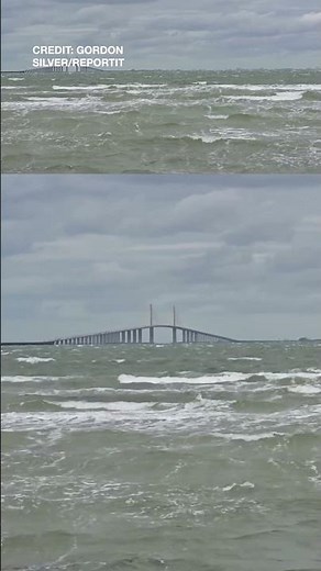 Waves Crash Around Sunshine Skyway Bridge as Cold Front Passes Through Tampa Bay