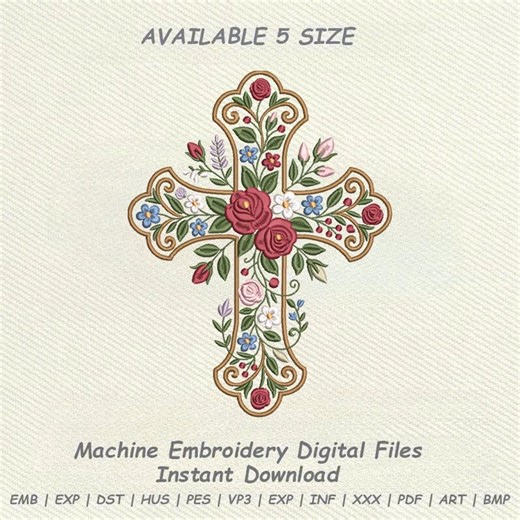 Floral Cross Embroidery Design, Christian Machine Embroidery Pattern - Etsy