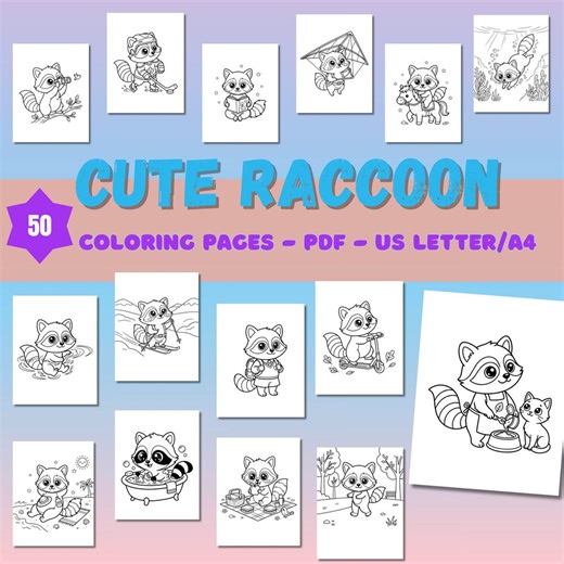 Raccoon Coloring Pages, Kawaii Animal Illustrations, Printable PDF (50 Pages) - Etsy