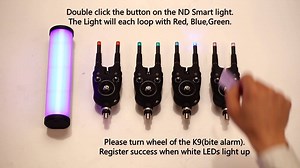 How to Register bite alarm K9 with ND tackle Smart Bivvy light •Double click the button on the ND Smart light. The Light will each loop with Red, Blue,Green. •Please turn wheel of the K9(bite alarm). •Register success when white LEDs light up More INFO- Newdirectiontackle.co.uk Order it now- https://www.amazon.co.uk/New-Direction-Tackle-Bluetooth-Charges/dp/B075RZ6JJN | New Direction Tackle UK