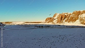 Drone flight reveals condor gliding over Rio de las Vueltas, Patagonia, Argentina. Dolly in flight toward river and mountains