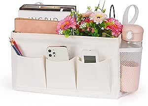 Bedside Caddy Storage Organizer with Fixed Straps and Water Bottle Holder for Home, College, Dorm, Bunk/Hospital/Crib Bed Rails, White