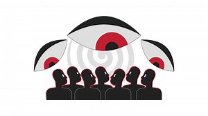 Surveillance and control in dictatorship 2D animation. Dystopian society. Big brother all-seeing eyes over citizens animated characters cartoon flat concept metaphor 4K isolated on white