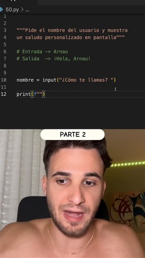Arnau | Programación en Python on Instagram: "👋 Crea tu primer saludo personalizado con Python #Python (Parte 2) Aprende a pedir el nombre del usuario y mostrar un saludo dinámico en pantalla con Python. Este ejercicio es ideal para principiantes que quieren dominar el uso de input() y print(). Con unos pocos pasos verás cómo tu programa cobra vida saludando por ti. #python #programacion #principiantes #ejercicio #shorts #aprendizaje #logica #codigo #educacion"