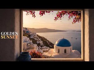 4K Greek Island Sunset Window – Santorini Golden Hour Relaxation