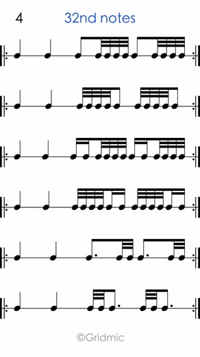 Gridmic - Rhythm Reading on Instagram: "Some 32nd note rhythms! 🎶 #rhythm #sightreading #musician #musiclesson #musiceducation #musicchallenge #drummer"