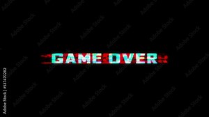 Looped GAME OVER animation with glitch effect isolated on black background. Glitch GAME OVER video game screen. Cyberpunk GAME OVER text with RGB distortion effect.