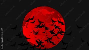 Animation of bats flying and large red blood moon in the night