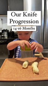 Our cutting progression 14-16 months🥚 Egg Slicer: the egg slicer is the perfect first cutting utensil. It is not sharp (it just has metal strings) and is easy for a child to use. We introduced it at 14 months but we probably could have introduced it a month or two earlier- no rush though! While he now uses other knives we still use this one for mushrooms and strawberries. 🪵 Wooden Knife: next we introduced the wooden knife. This is not sharp at all so safe for little hands. We don’t use it muc