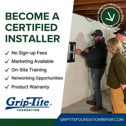 Starting your own foundation repair business with Grip-Tite Manufacturing could be the opportunity you’ve been waiting for! As a Certified Installer, you’ll gain access to: 🔧 Industry-leading products & technology 📚 Comprehensive training & ongoing support 💸 The potential for substantial earnings Visit our website for more details! | Grip-Tite Foundation