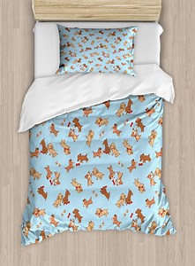Dog Duvet Cover Set Twin Size, Checkered Square Pattern Background Playful Puppies Paw Print Golden Retriever Breed, Decorative 2 Piece Bedding Set with 1 Pillow Sham, Multicolor, by Ambesonne