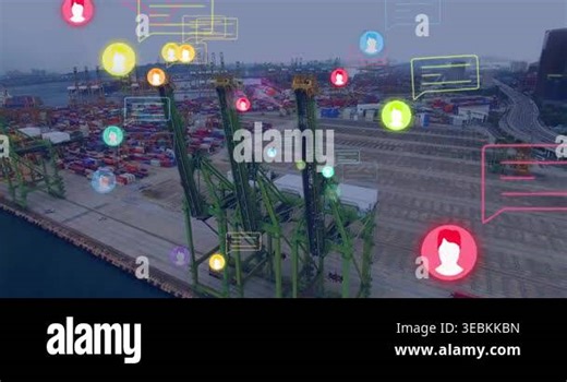 Aerial camera starting and panning, colored icons appearing drifting scaling mapping green cranes. Gantry, port, terminal, harbor, yard, containers, avatars Stock Video Footage - Alamy