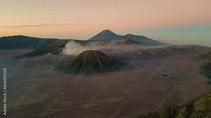 bird eye view of Mount Bromo volcano during sunrise, the magnificent view of Mt. Bromo located in Bromo Tengger Semeru National Park, East Java, Indonesia
