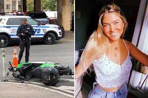 Police on the scene where a box truck ran over a scooter driver in Williamsburg