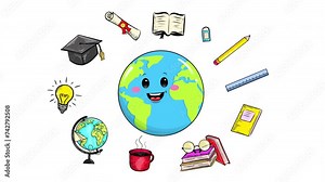 Cartoon design of animated cartoon planet earth animation Looped design moving around education design elements. Creative design for International Teacher's Day or Back to school Background.