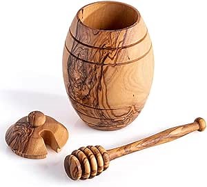 Kamsah Olive Wood Honey Pot - Honey Jar with Lid and Honey Wooden Dipper Stick - Rustic Handmade Bee Honey Container & Holder - 3.5 oz Empty 3 Piece Set for Home and Kitchen - Gift for Any Occasion