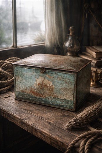 Antique Nautical Tin Box With Sailing Ships – Atmospheric Timeworn Metal Storage, Maritime Art Object - Etsy