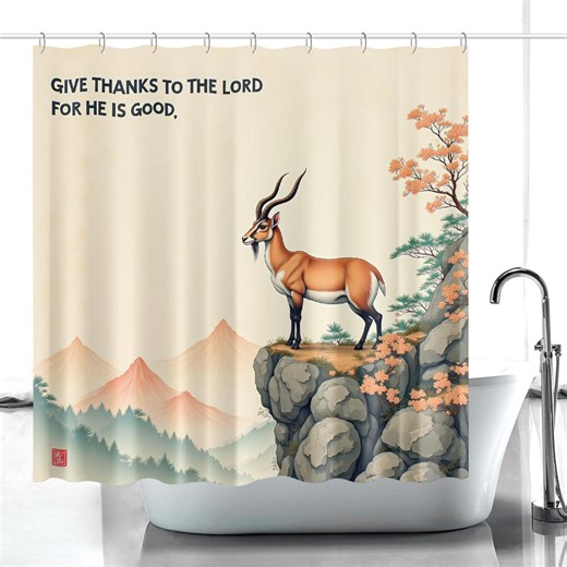 Shower Curtain Neo Traditional Scripture Gazelle Landscape Spiritual Quotes Peach Sage Japandi Bathroom Decor - Etsy