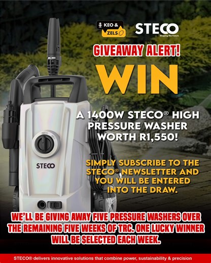 🚨 GIVEAWAY ALERT! 🚨 Win a 1400W STECO® High Pressure Washer worth R1,550! Simply subscribe to the STECO® Newsletter and you’ll be entered into the draw. Subscribe here: https://forms.gle/mS55uqn938oWcpf98 | SA Rugby magazine