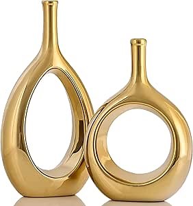 Glossy Gold Ceramic Vase Set 2,Modern Hollow Circle with Hole Flower Vase for Home Decor,for Table Centerpieces,Farmhouse,Fire Place,Living Room,Bedroom,Office,Bookshelf,Rustic Decor