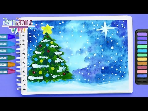 Cómo dibujar un PAISAJE con ÁRBOL DE NAVIDAD - ideas de dibujos de navidad