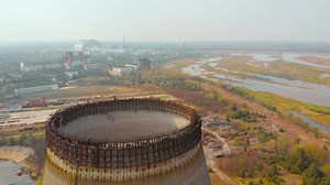 Chernobyl nuclear power plant, aerial view. Landscape top view of the nuclear power plant in Chernobyl. Sarcophagus covers a nuclear power plant in Chernobyl destroyed by a nuclear explosion.