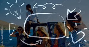 Friends enjoying beach trip with doodle animation of lightbulb, arrows, and heart