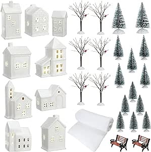 Liliful 31 Pcs Lighted Christmas Village Houses Set Includes 9 LED Village Houses 13 Cedar Pine 1 Fake Snow Blanket Cover 2 Benches 6 Village Bare Branch Trees for Holiday Xmas Decorations