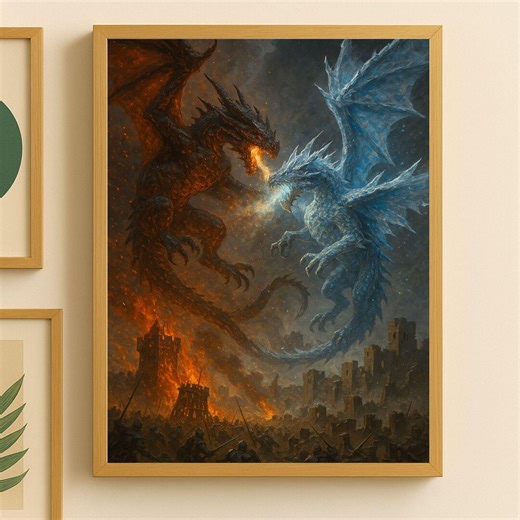 Dragon Poster Wall Art Printable Digital Download Fire Ice Dragon Battle Scene Above Ruined Medieval Battlefield Illustration - Etsy