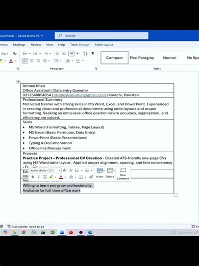 Word Single Column Resume (CV) Creation Learn how to create a professional single column resume in MS Word step by step. This CV format is clean, ATS-friendly, and perfect for freshers & professionals. If you want to watch the full detailed tutorial, you can check it on our YouTube channel where everything is explained from start to finish. Word single column resume MS Word CV format Professional resume in Word ATS friendly resume Simple resume design #resumetips #msword #singlecolumnresume #cvd