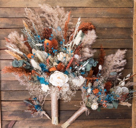 Boho Rustic Burnt Orange Teal Bouquet, Eucalyptus Sage Green Fall Bridal Bouquet, Terracotta Wedding - Etsy UK