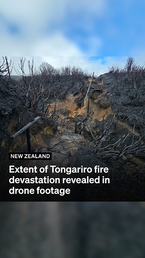 New aerial drone footage provided by Fire and Emergency reveals the devastating aftermath of the fire that tore through almost 3000 hectares of Tongariro Park at the weekend. 🔗 See the latest updates at the link in comments | RNZ