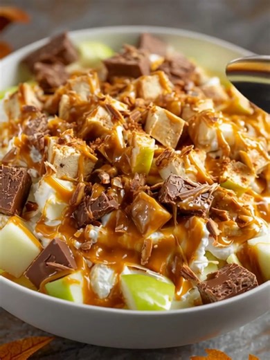 Caramel Apple Snickers Salad Ingredients: 2 large apples, diced (Granny Smith or Honeycrisp work well) 6 fun-size Snickers bars, chopped 1 cup mini marshmallows 1 cup whipped topping (like Cool Whip) 1 cup vanilla yogurt ...... Full Recipe in Coʍmеոτ 💬 | The Saucy Plate