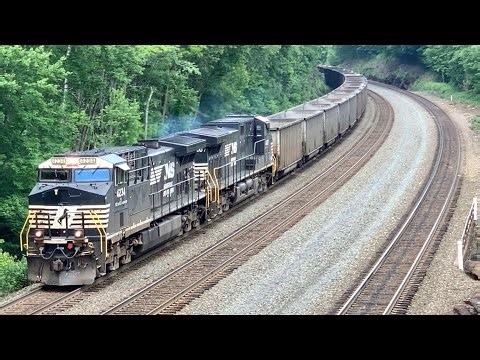 Coal Train W/Locomotives Front, Middle & Rear Of Train Having Engine Problems. Pennsylvania Trains!