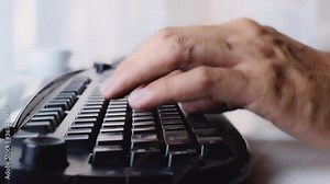 4K Close up Man hands type ona keyboard working at home. Hands touch typing keyboard use internet for cloud data social network media searching. Work from home new normal concept. Stock Video