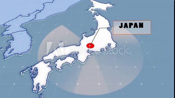 A stylized map highlights Japan in white with bold outlines. A red marker points to a central location on the main island, and a labeled box reading “JAPAN” appears on the right.
