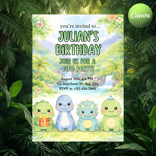 Dinosaur Birthday Invitation Template | Watercolor Kids Party Invite (digital Download) - Etsy