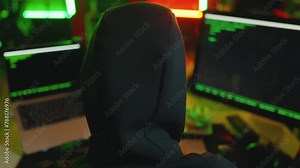 Hacker writing code cracking computer. Man programmer in hoodie cracks system, using computer in dark room back view. Hacker attack, technology, virus infected software, cyber information concept.