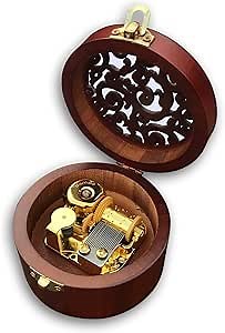 BinkeGG Play (Somewhere Over The Rainbow) Brown Wooden Circular Hollow Out Music Box with Sankyo Musical Mechanism (65 Tunes Option)