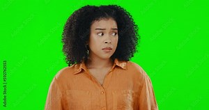 Surprise, green screen and face of scared woman, shock and alarm on color background, wow and alert. Portrait, female model and omg reaction of fear, wtf emoji and panic of worry, drama and confused