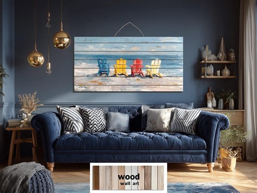 Colorful Beach Chairs Distressed Wood Wall Art, Coastal Adirondack Chairs on Beach Print on Wood, Pool Patio & Beach House Decor - Etsy