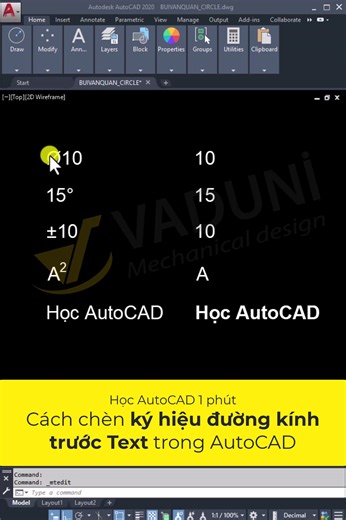 25K views · 372 reactions | Cách chèn ký hiệu đường kính trước Text trong AutoCAD  Tài liệu học AutoCAD cơ bản & nâng cao tại Vaduni: https://bit.ly/ebook-cad #vaduni #hocautocad #ebook | Học Viện Autocad Online | Facebook