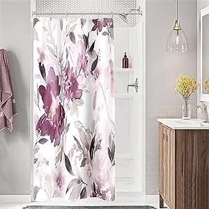 Small Stall Shower Curtain 36 x 72 Inch, Half Narrow Watercolor Floral Fabric Shower Curtain, Modern Abstract Mauve Flower Bathroom Shower Curtain Set with Hooks