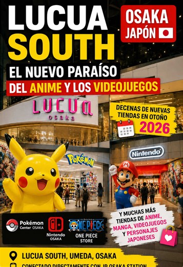 Consejo para tus vacaciones en Japón 🇯🇵 Si te gustan el anime, los videojuegos y los personajes japoneses, tienes que visitar LUCUA SOUTH en Osaka. Ubicado junto a la estación de Umeda, este nuevo complejo reúne tiendas oficiales de Pokémon, Nintendo, One Piece y muchas otras franquicias populares. Aunque parte del proyecto sigue en expansión, para otoño de 2026 abrirán decenas de nuevas tiendas dedicadas al anime, manga, videojuegos y personajes japoneses. Sin duda, se perfila como uno de los