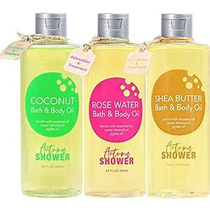 Bath and Body Oil with Sweet Almond Jojoba, Shea Butter, Rose Water, Coconut Bath Oils Mother's Day Gift for Women, Multiuse Oil for Hair Dry Skin 26.4 fl oz (Pack of 3)
