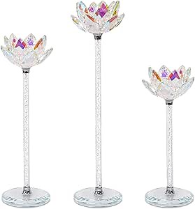 Crystal Club 3PCS Crystal Lotus Candlestick Holders, Colorful Glass Taper Candle Holders for Home Decorations, Wedding Dinning Table Decor