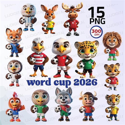 2026 World Soccer Mascots Clipart PNG Bundle, Cute Football Animals Digital Download, Sublimation Eagle, Jaguar, Moose PNG Bundle - Etsy